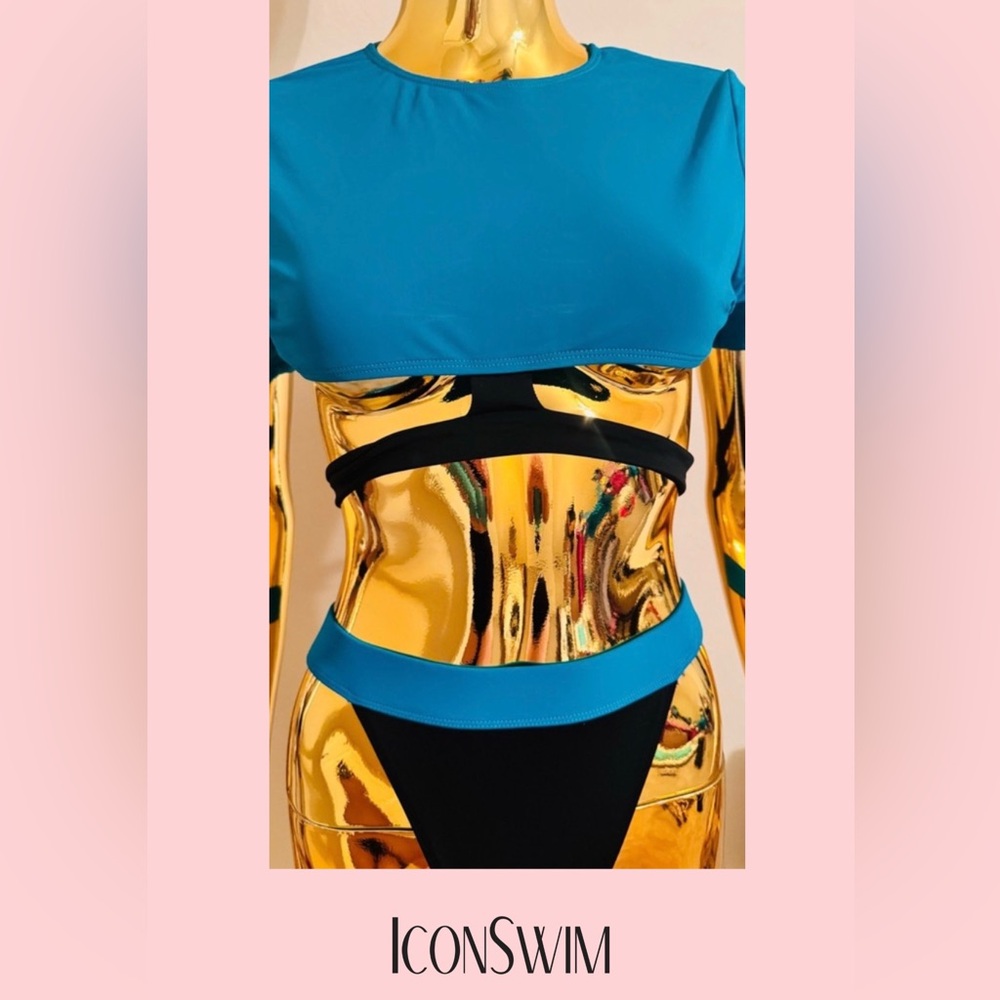 Icon Swim Blue and Black 2pc Short Sleeve High Waist Swimsuit, Bikini, Size L